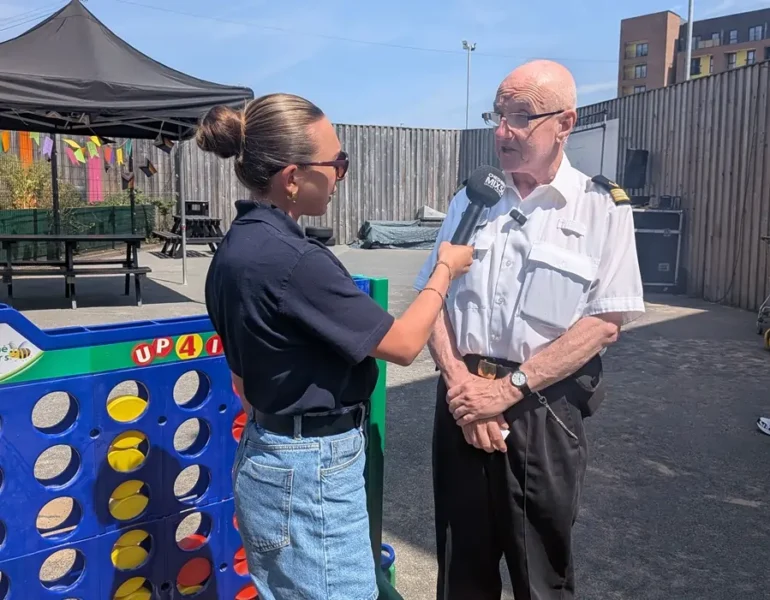 Grace chats to Chris Todd of Maritime Volunteer Service at Warrington Youth Zone MIX56